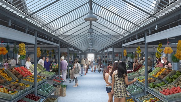 Mercado do Bolhão interior perspective showing the future market stalls